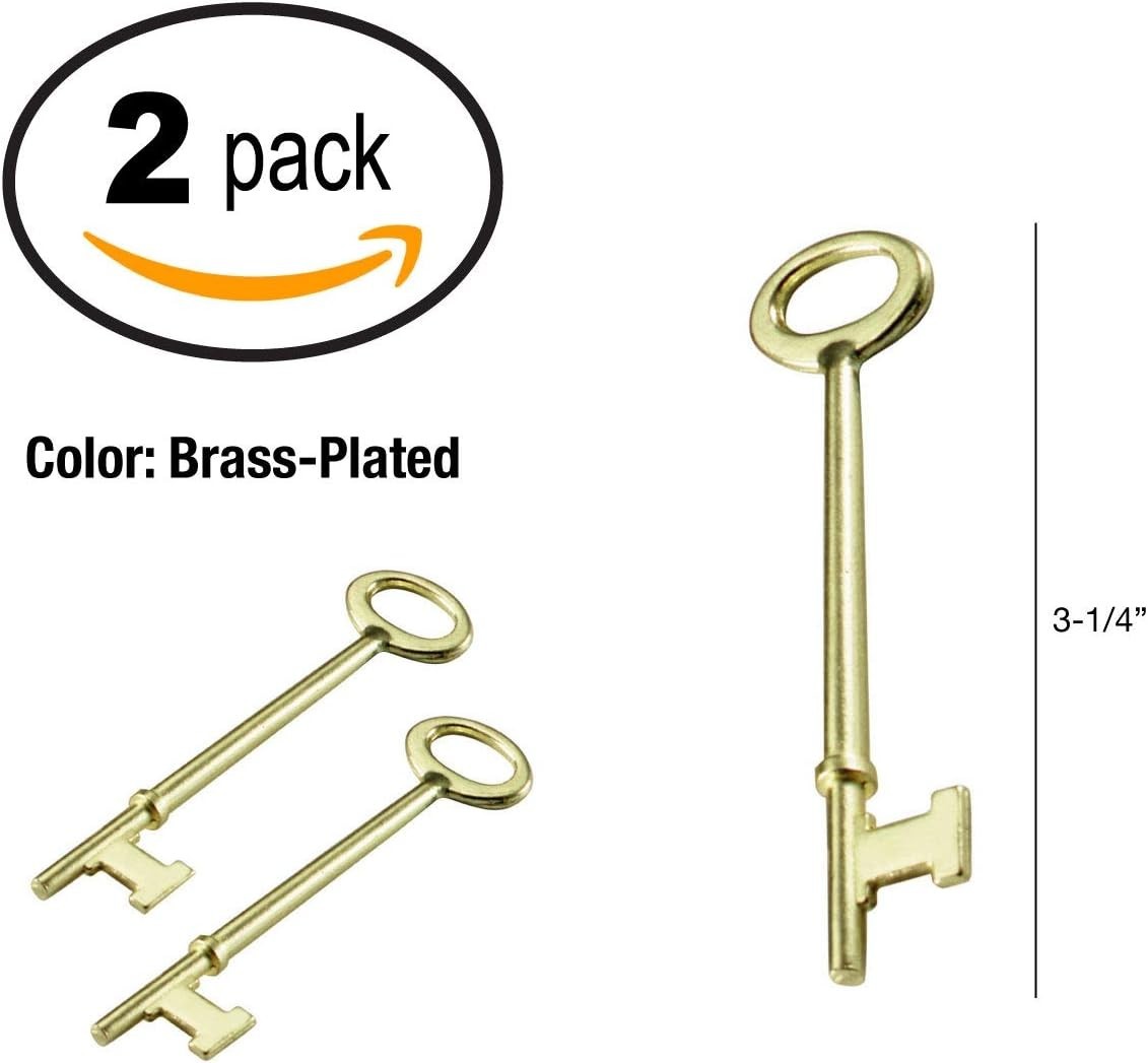 Durable Brass-Plated Zinc Skeleton Keys - Antique Flat Tip Design, 2 Pack