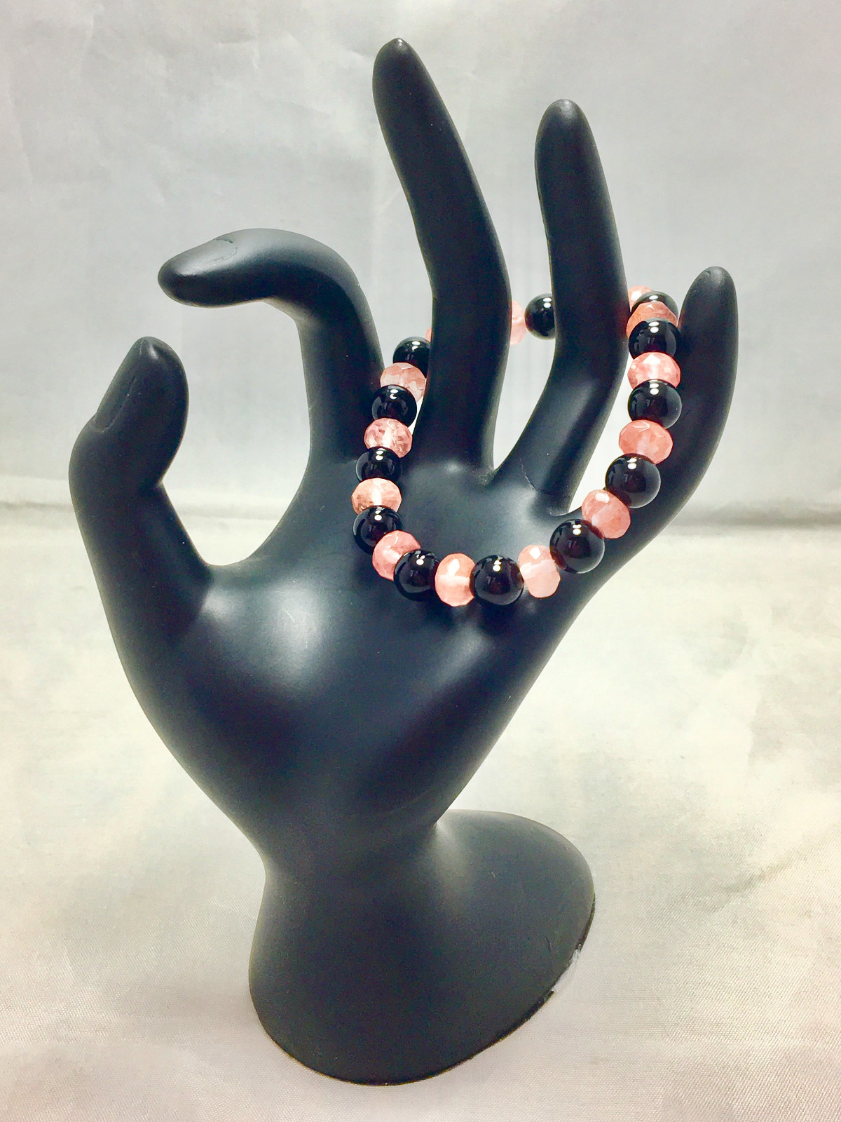 Handmade Stretch Custom Fit 8mm Cherry Quartz  & Onyx Gemstone Bead Bracelet