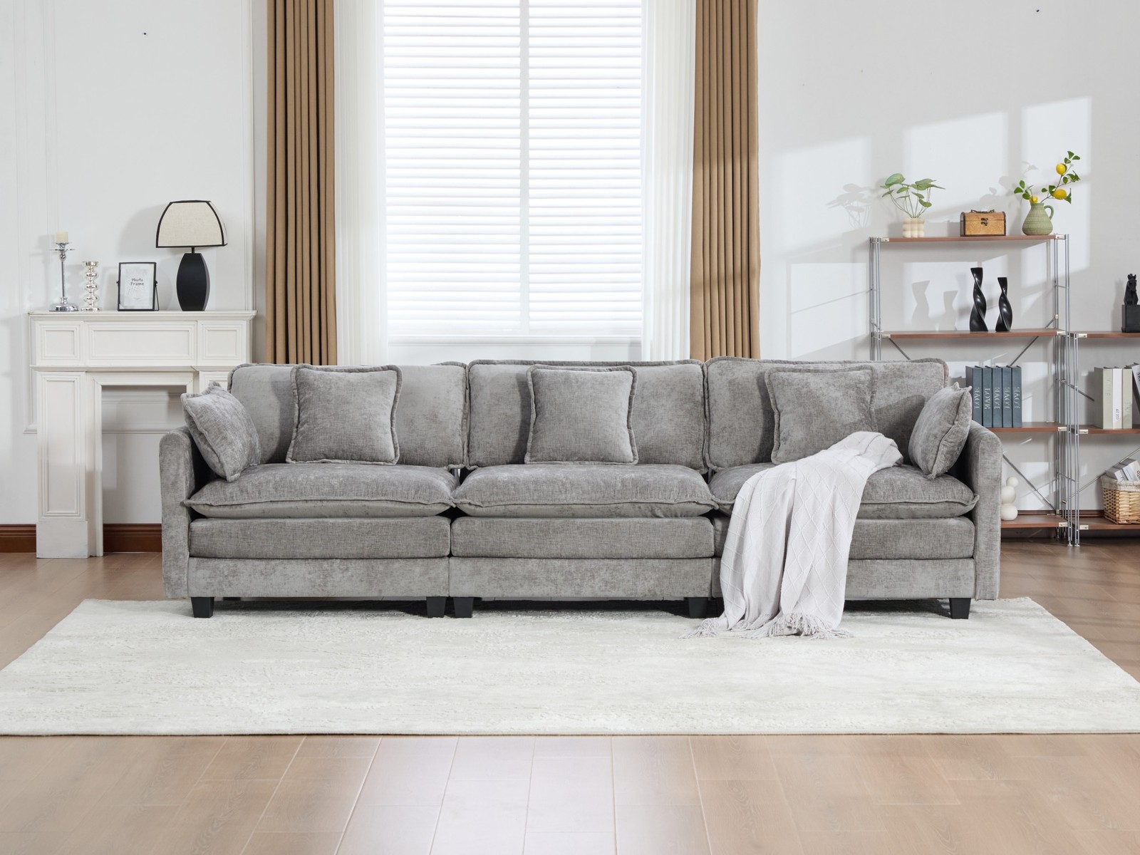 3-Seat Sectional Sofa Cloud Couch, Gray Chenille Fabric Medium-Soft