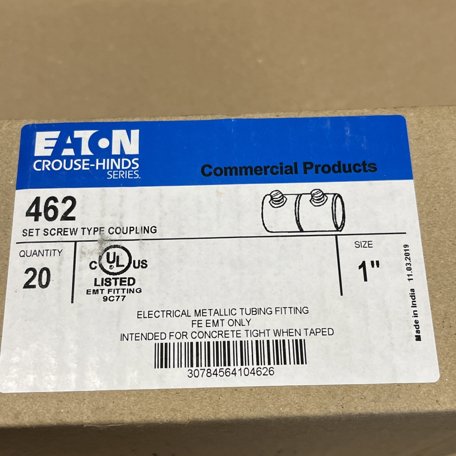 Box of (20) EATON 462 Coupling Zinc Plated 1" Set-Screw Type for Steel EMT