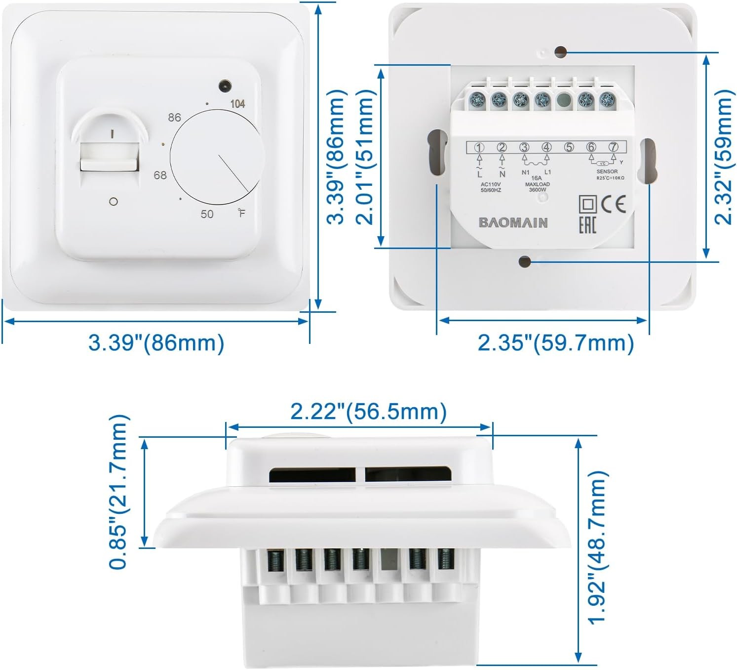 Baomain Home Nonprogrammable Thermostats, Radiant Floor Heating White