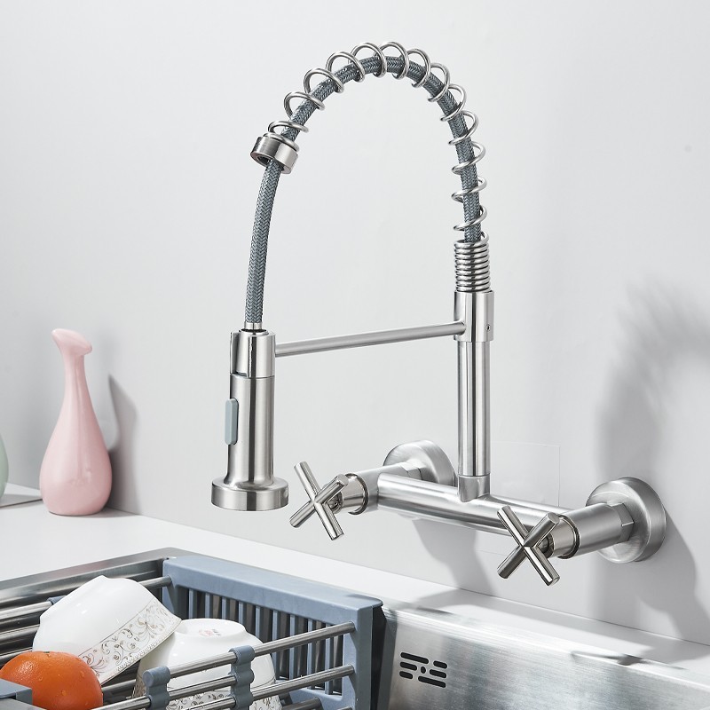 Commercial 8 Inch 2 Handle Wall Mount Kitchen Sink Faucet with Pull Down Sprayer