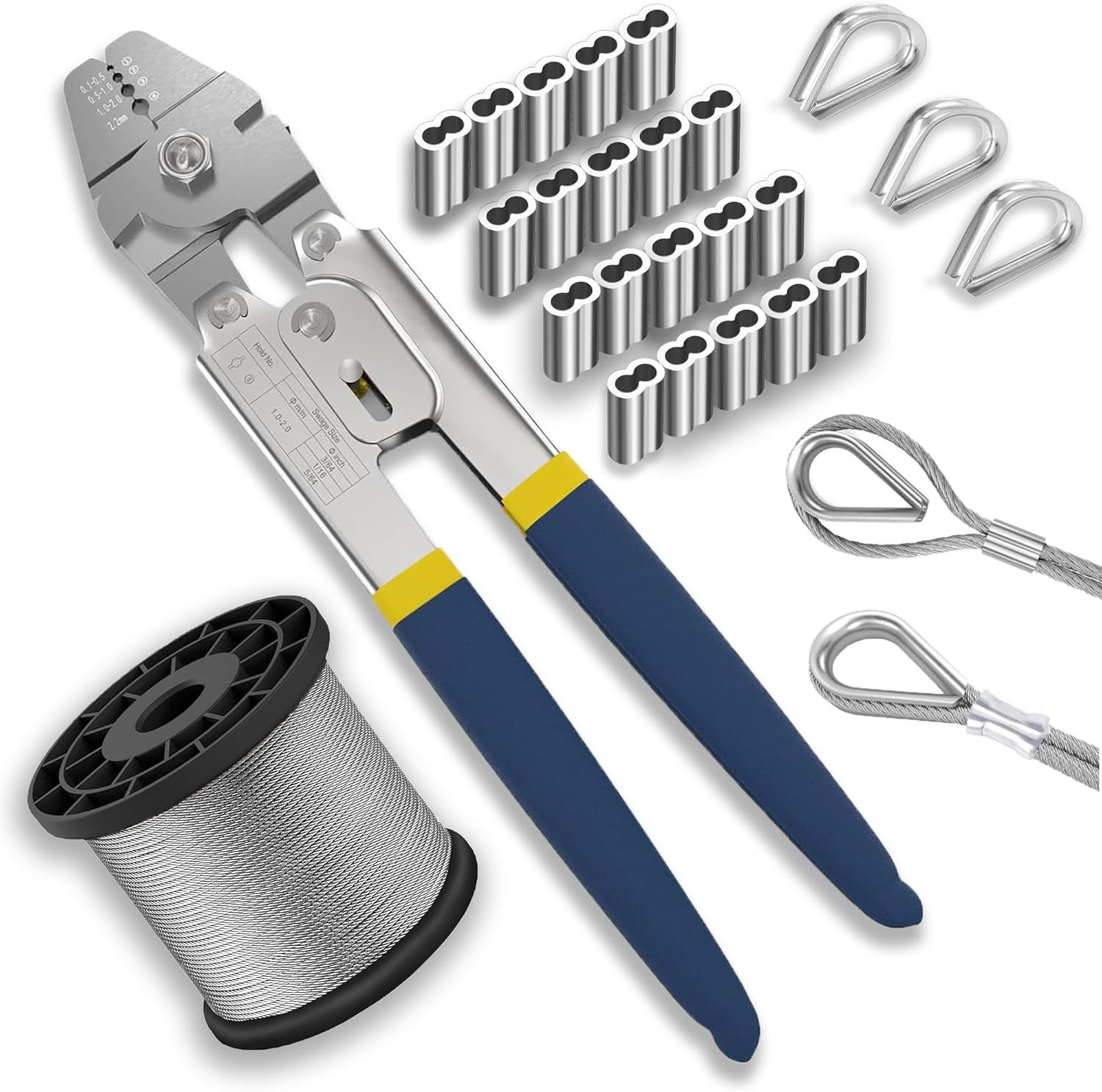Wire Rope Crimping Tool Kit, 100FT Stainless Steel Cable, 100PCS Aluminum Crimpi