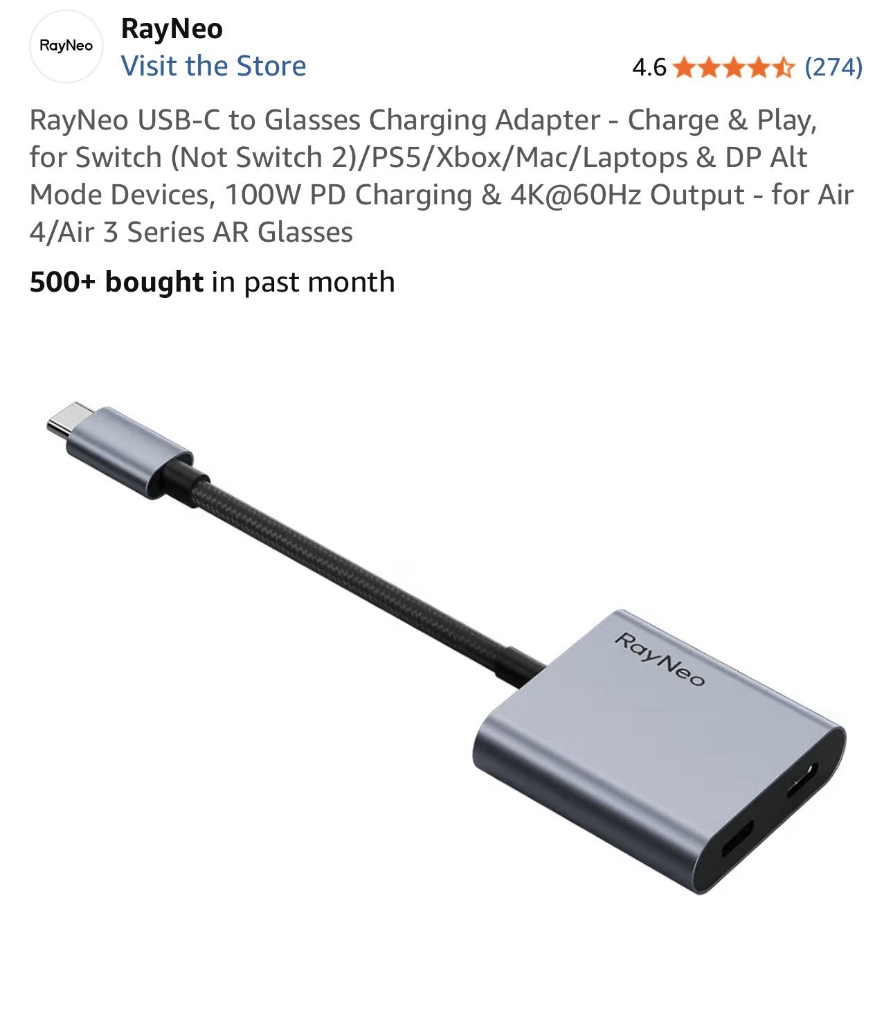 RayNeo USB-C to Glasses Charging Adapter - Charge & Play, for Switch