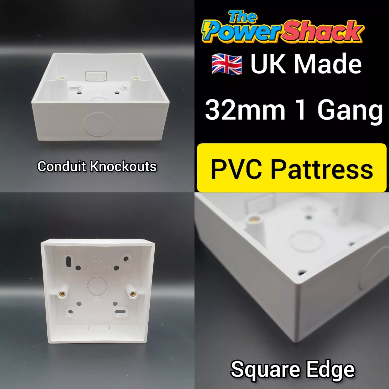 PVC Surface Pattress Box 1 Gang 32mm Plastic Durable Single Back Box SQUARE EDGE