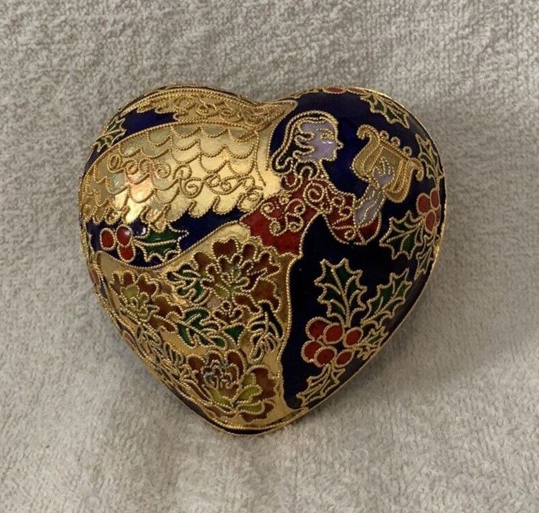 Cobalt Blue Cloisonne Heart Shaped Trinket Box w/Angel & Holly  - NEW