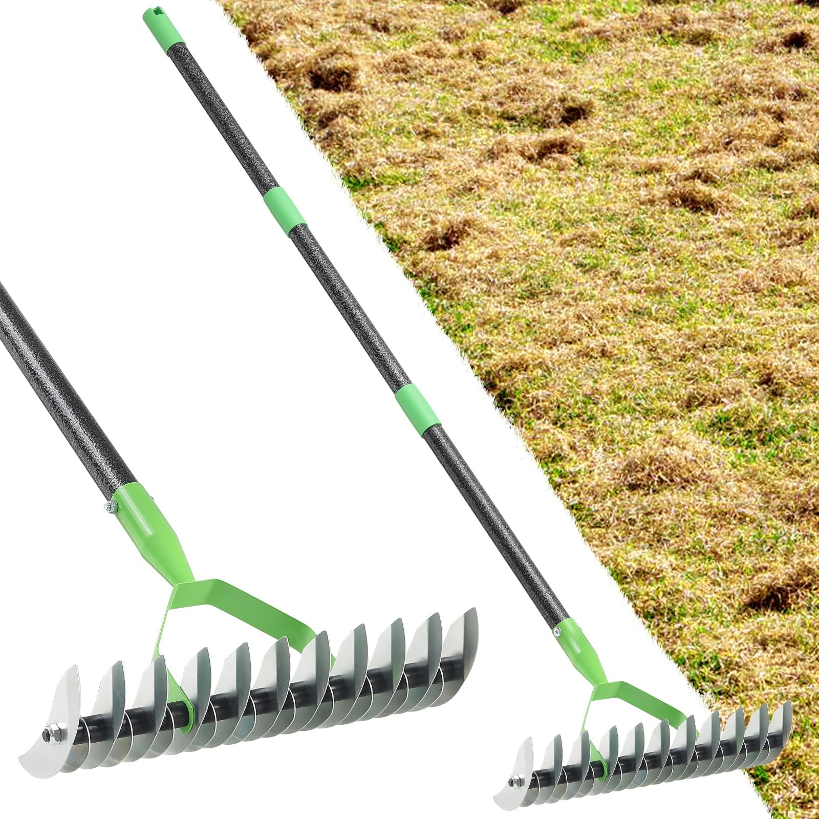 53 Inch Heavy Duty Lawn Thatch Rake Garden Dethatcher Sharp Tines Soil Tool