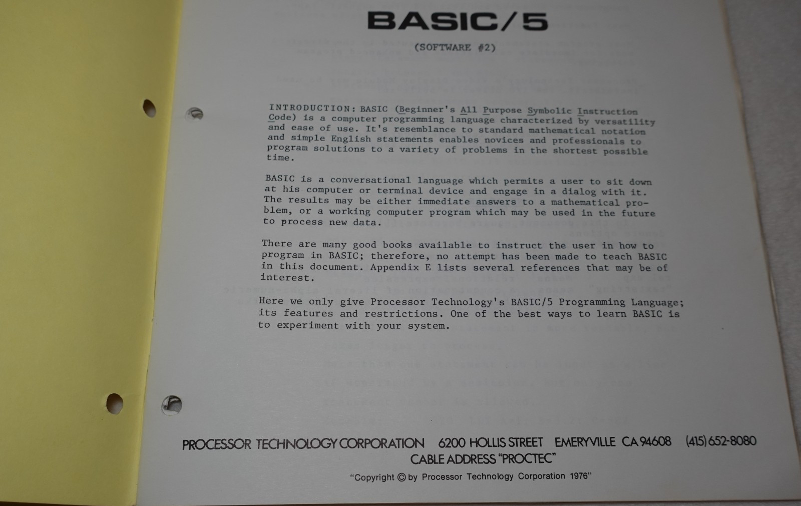 5K Basic Manual Software #2 Processor Technology 1976 Original Publication