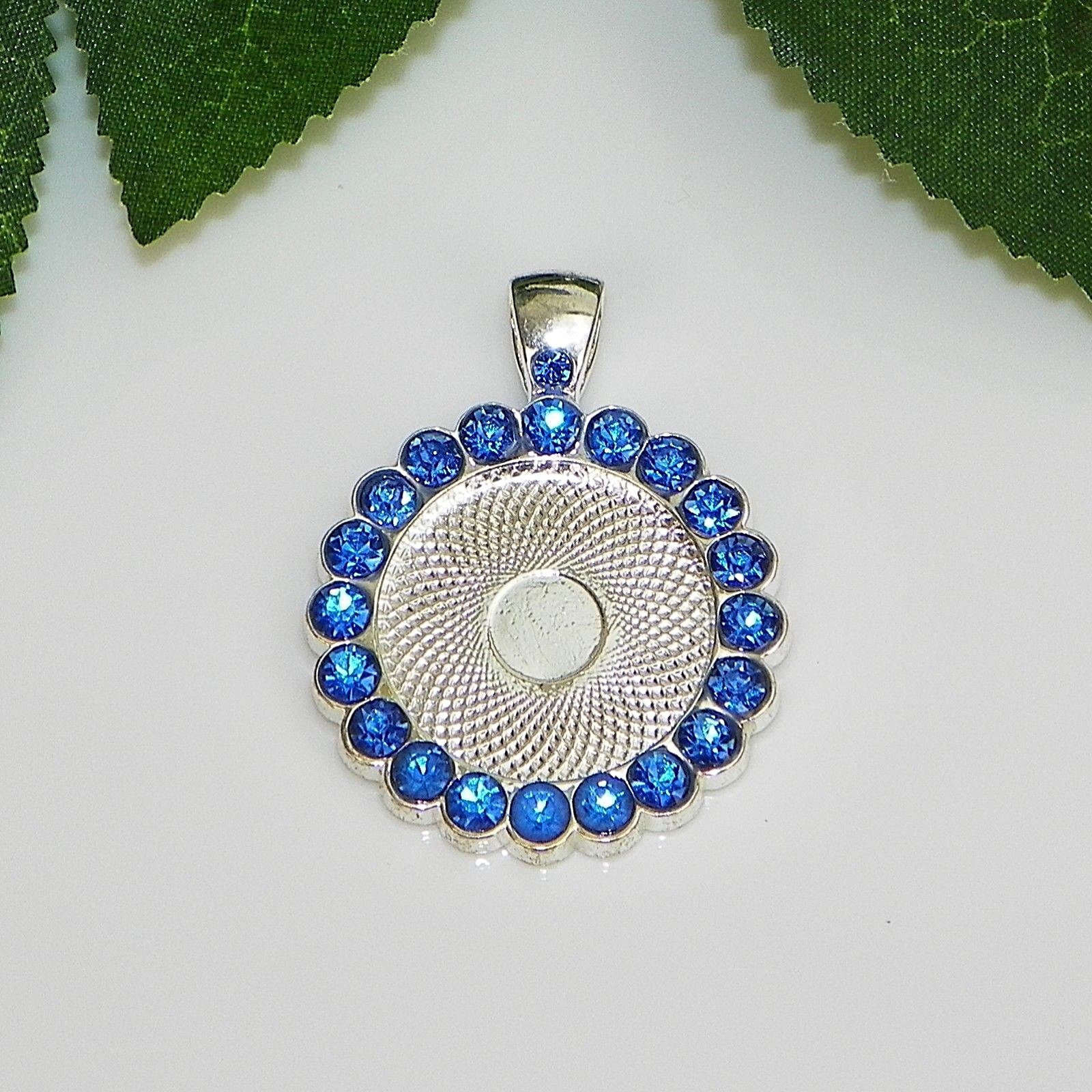 20mm Round Silver Plated Blue Rhinestone Cabochon (Cab) Pendant Setting