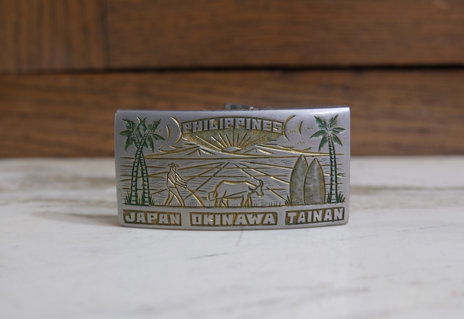 Vtg 1960's US Navy Cruise Philippines Scene Belt Buckle Japan Okinawa Tinian