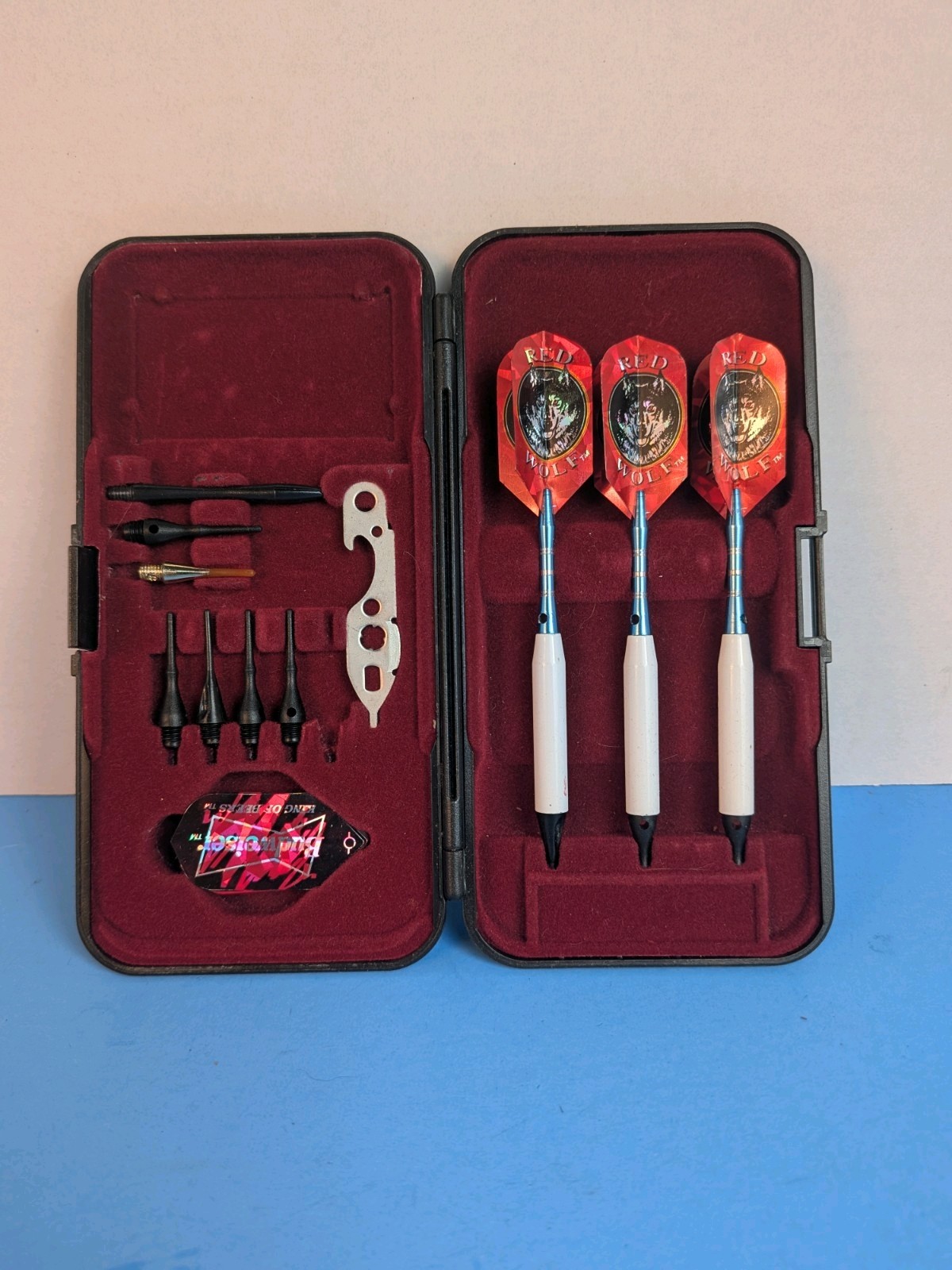 Set Of (3) Vintage Ribtex Darts With Case And Extra Tools/Parts.