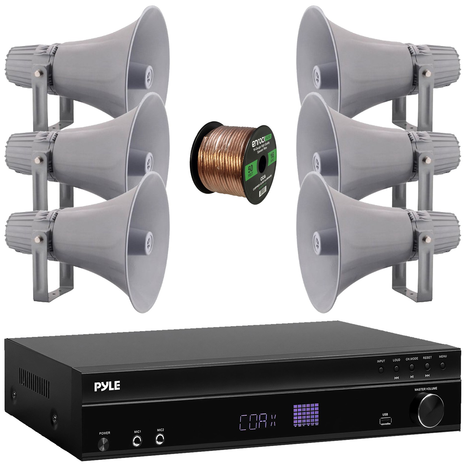 Pyle PT875BT USB-A MP3 Amp Receiver, 6x 12.7'' 60W RMS PA Horn Speakers, Wire
