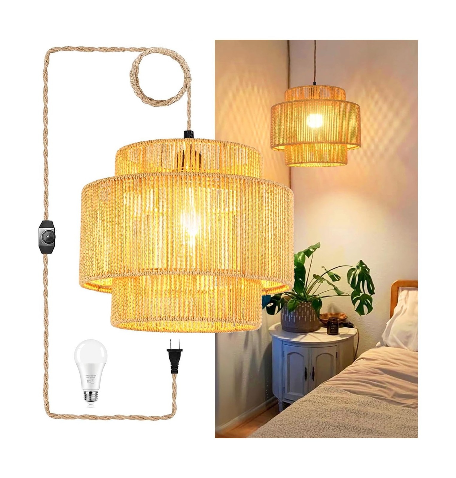 Plug in Pendant Light Hanging Lights with Plug in Cord Hanging Lamp Boho Ratt...