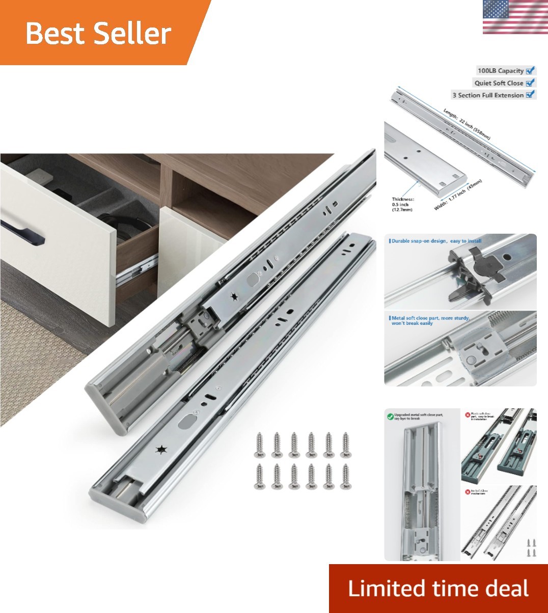 10 Pairs  Soft Close Drawer Slides - 22 Inch Heavy Duty, 100LB Capacity