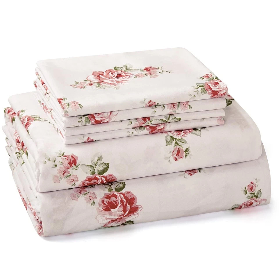 Queen Sheet Set 6 Pieces (Pink Rose Floral), Cottage Core Botanical Patterned...