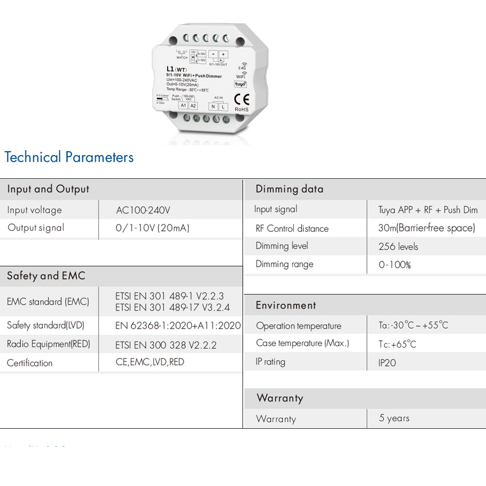 0/1-10V Tuya Zigbee WiFi RF AC Push LED Dimmer Switch Light Controller f Alexa
