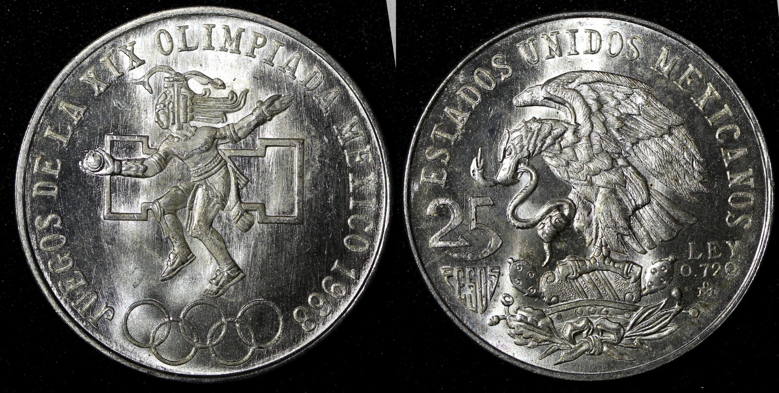 MEXICO Silver 1968 Mo  25 Pesos Olympic Games Rings  22.5 g GEM BU KM# 479.1 (0)