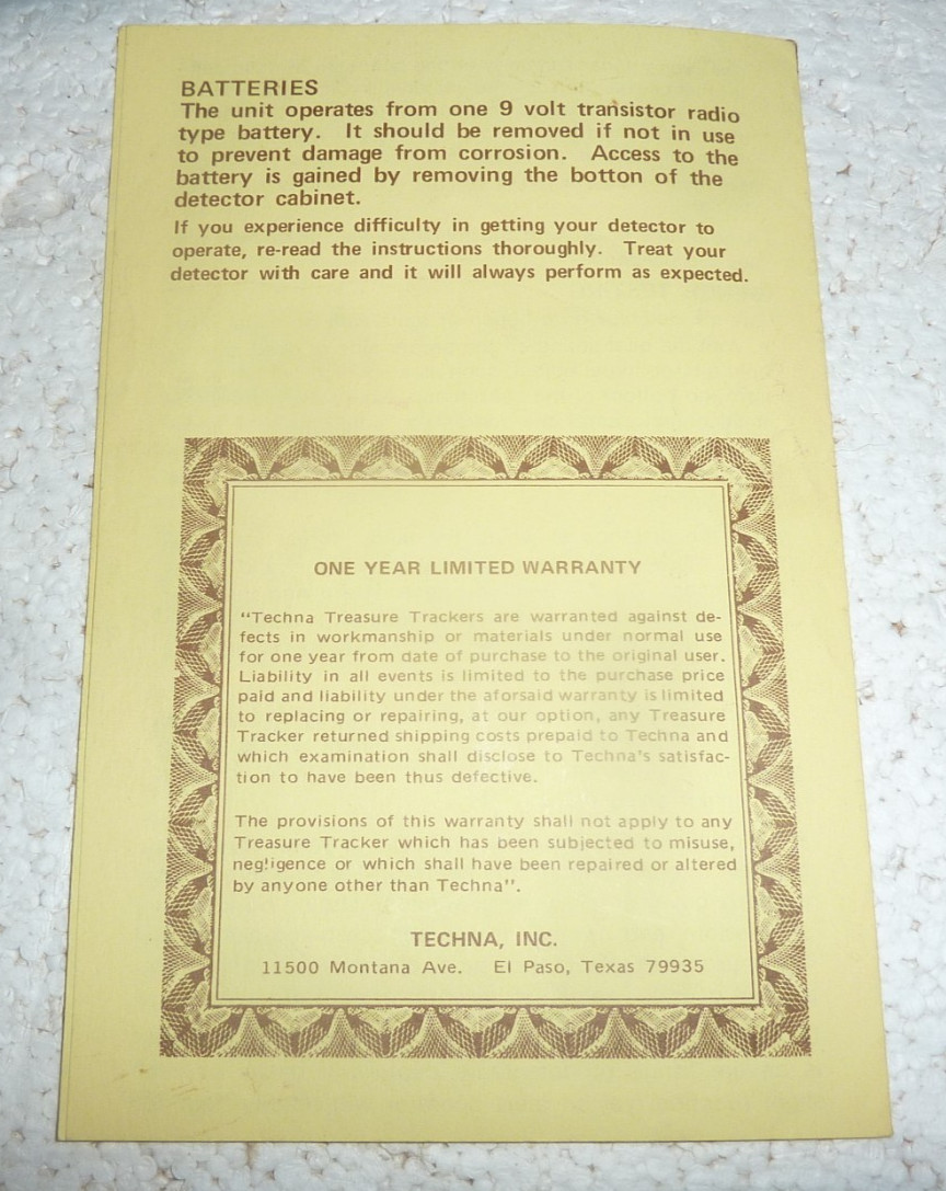 Vintage Techna Treasure Tracker Model 140 Operating Manual Pamphlet S-9