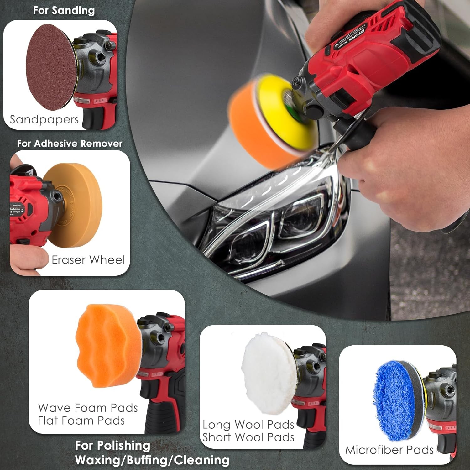 Cordless Buffer Polisher, 12V Mini Wax Buffer & Sander with 2 X 2.5Ah Battery