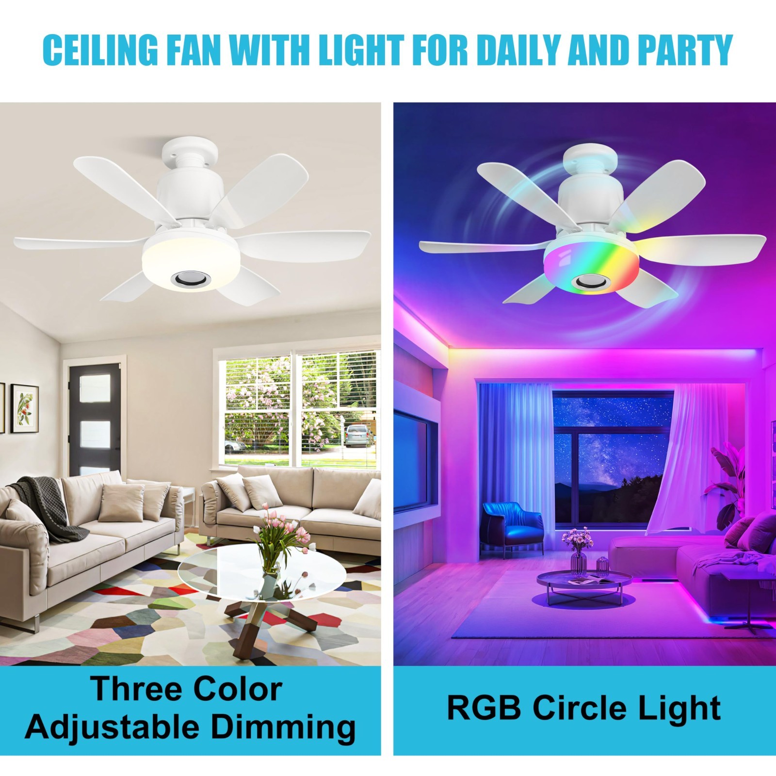 Remote Control Ceiling Fan Light with Bluetooth Speaker, RGB Colors, 3 Speeds, E