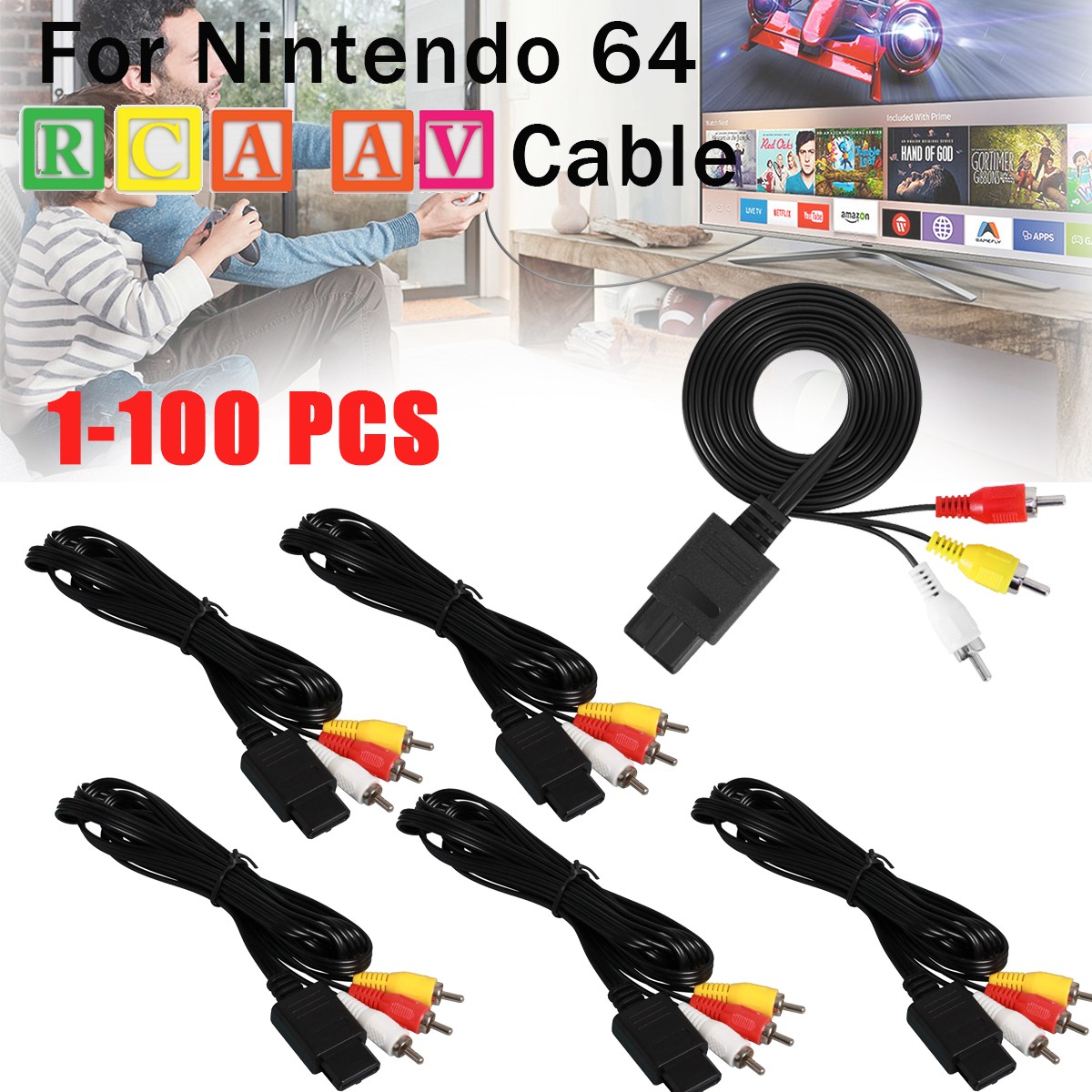 LOT  N64 SNES Gamecube RCA AV TV Audio Video Stereo Cable Cord For Nintendo 64