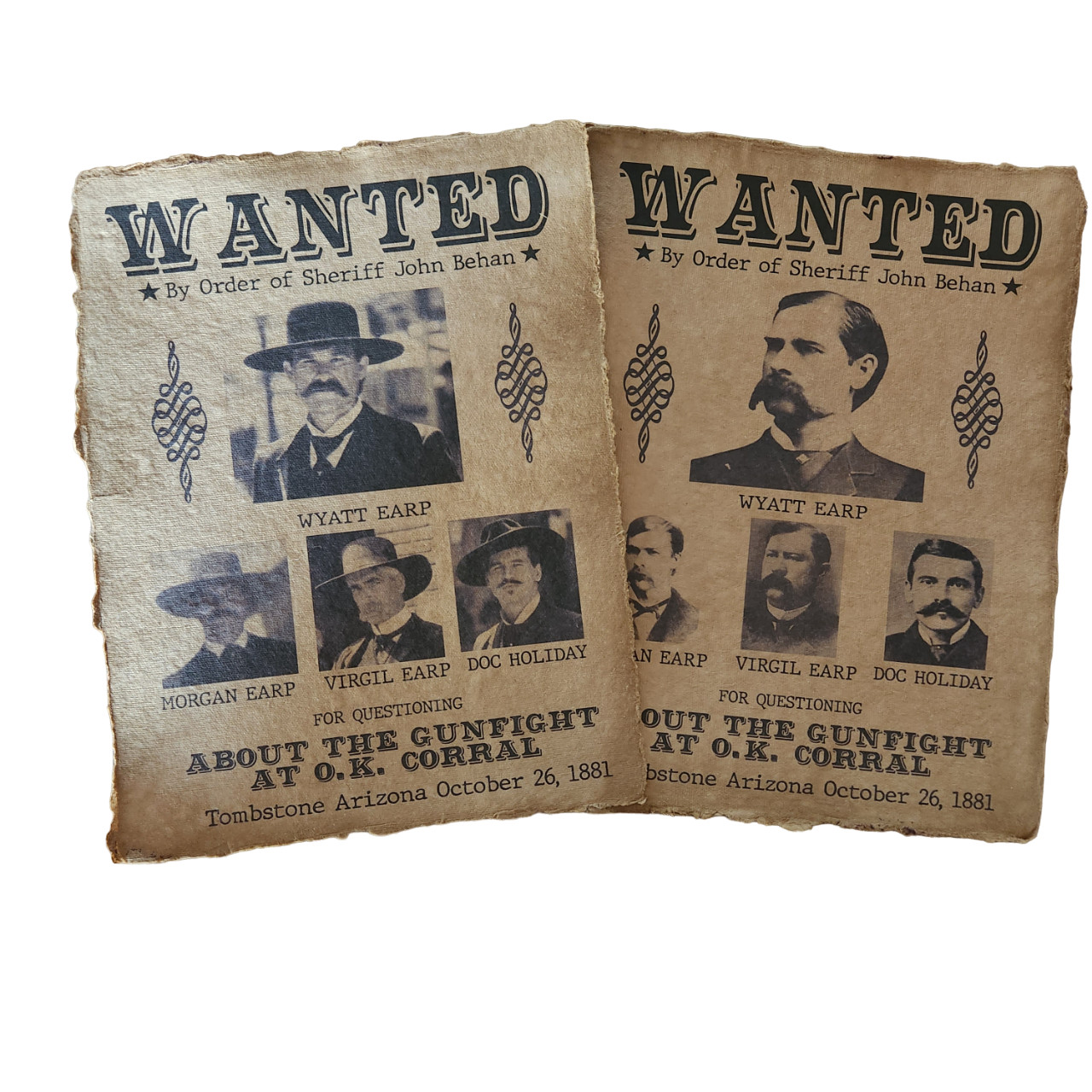 Wyatt Earp, Doc Holliday / Tombstone aged printed wanted  posters