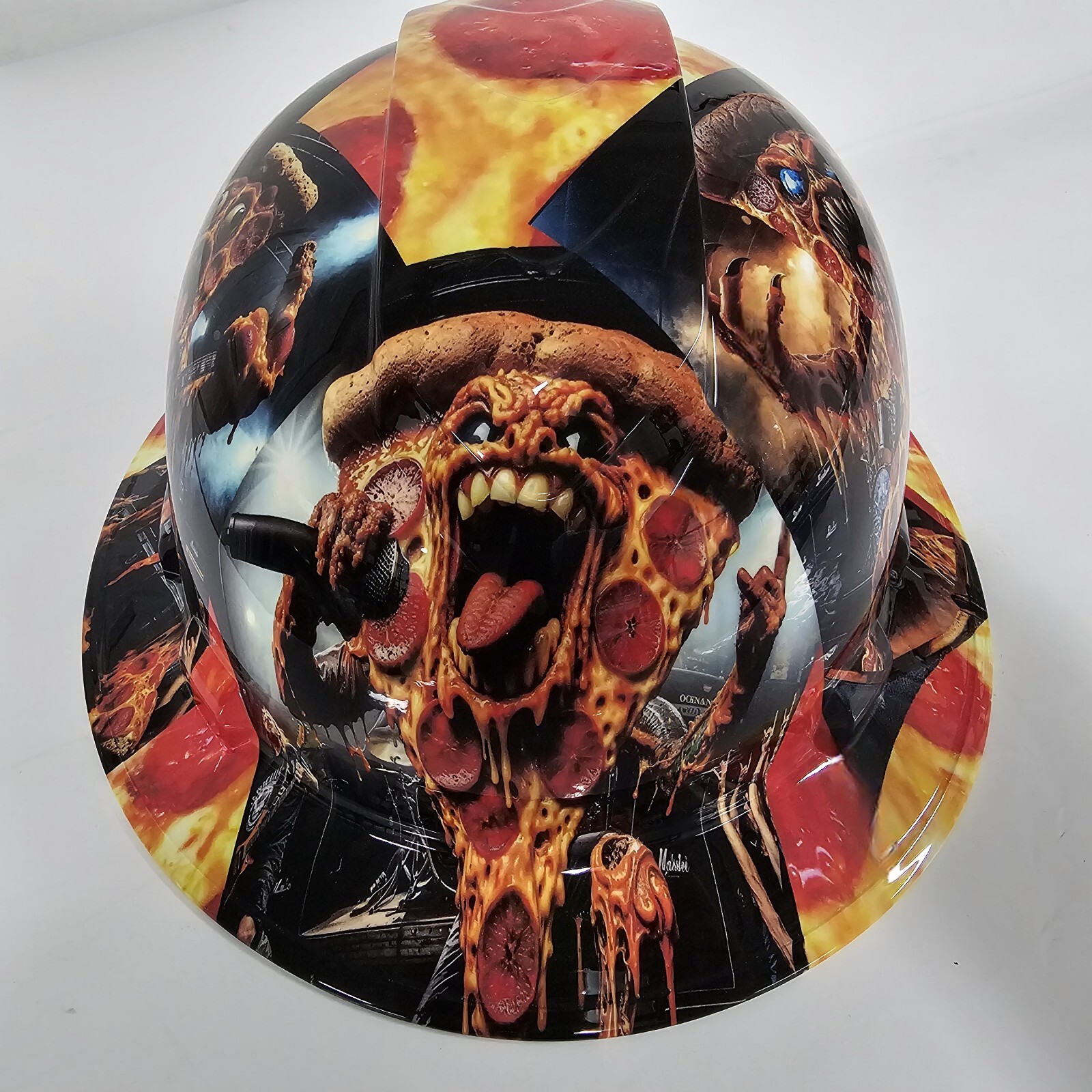 full brim hard hat custom hydro dipped IN PEPPERONI PIZZA AND THE CHEESEST BAND