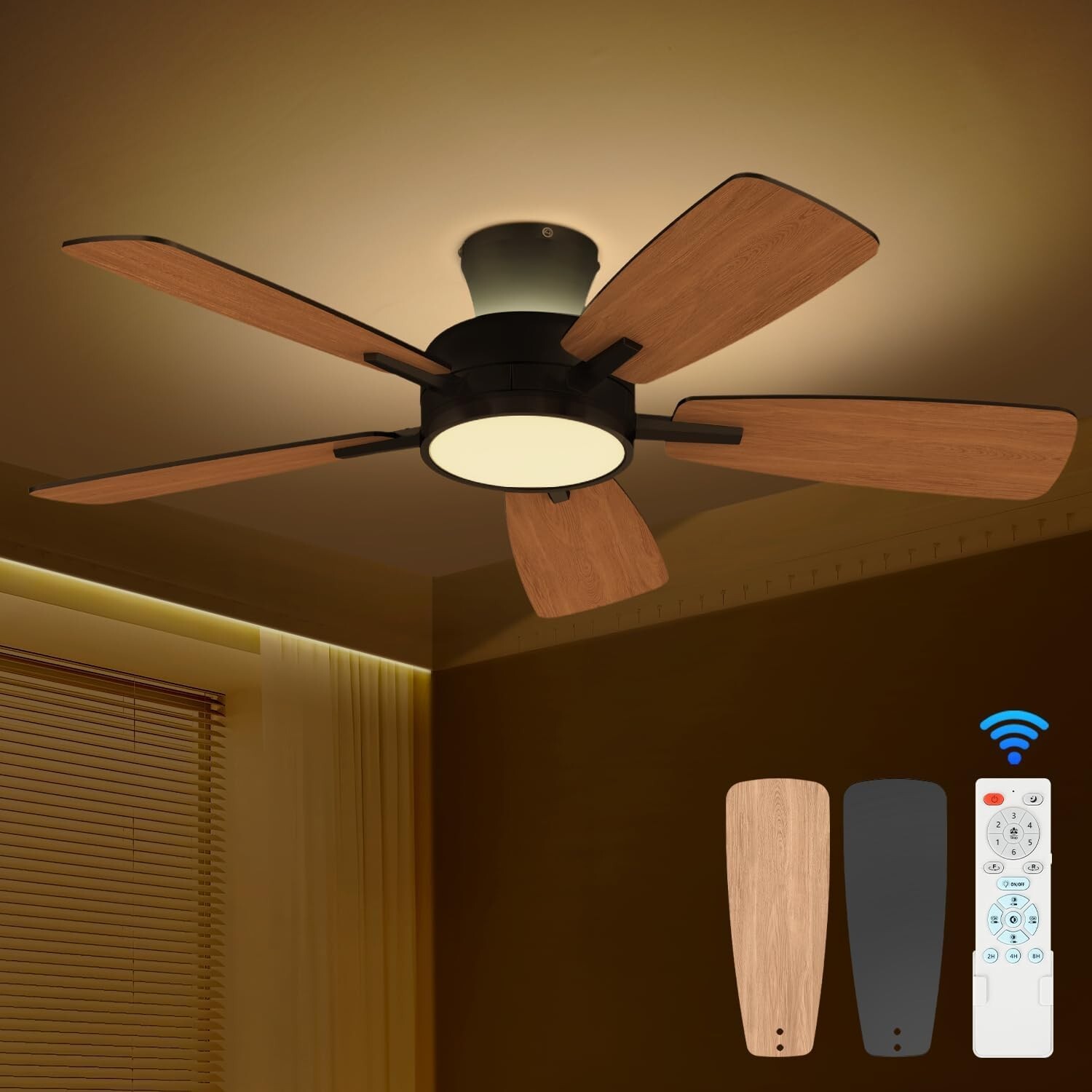 46" Ceiling Fan with Lights, Remote, Reversible, Dimmable, Black Modern Fan