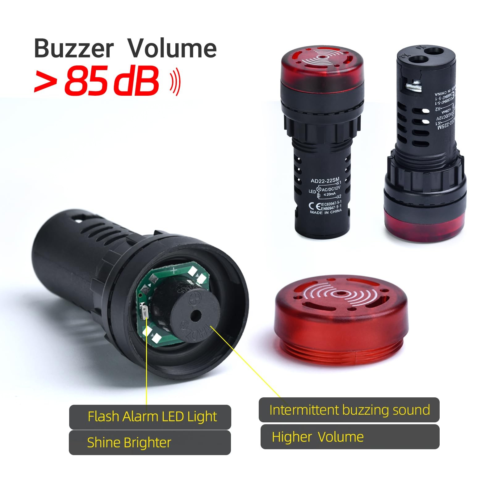 22mm Piezo Buzzer Red Indicator Light Lamp Round, With Light,12VDC