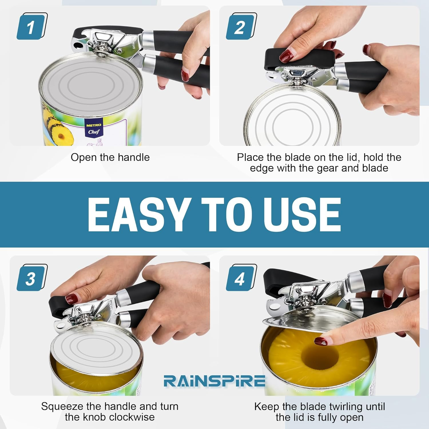 Abrelatas manual mejorado Rainspire con abrebotellas suave
