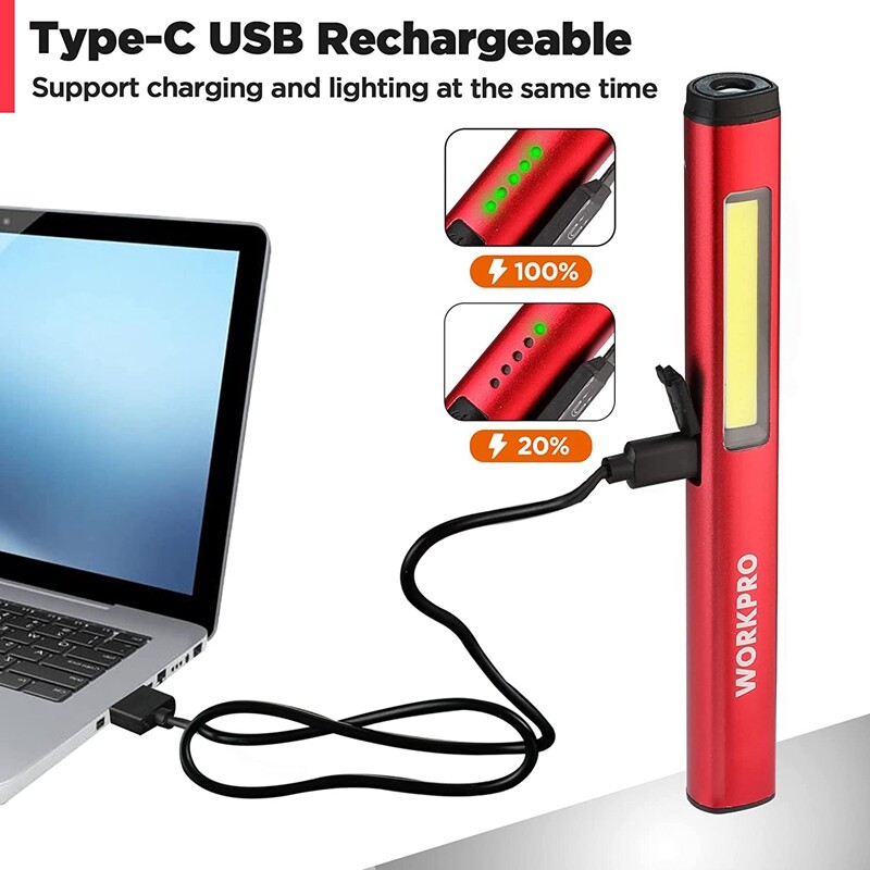 WORKPRO USB Rechargable LED Flashlight UV Black Light 450 Lumen Pocket Pen Light