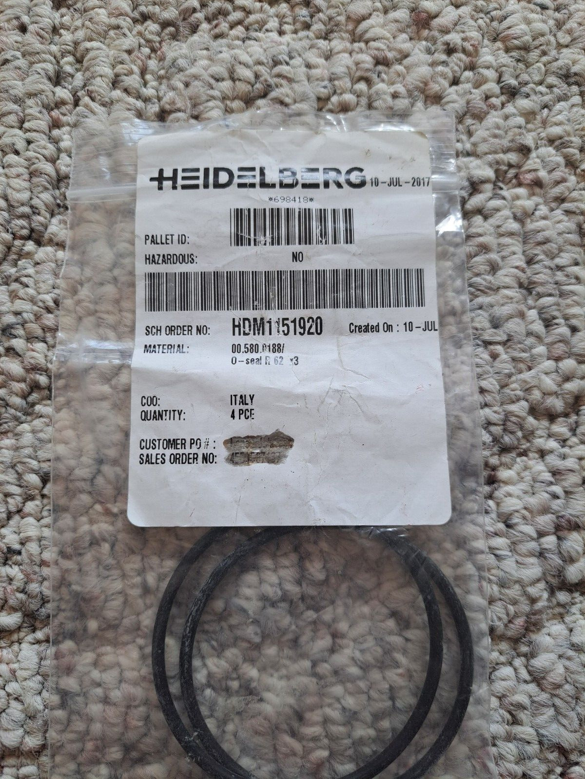 HEIDELBERG 00.580.0188 O-SEAL R62X3 LOT OF 2 NEW NEVER USED