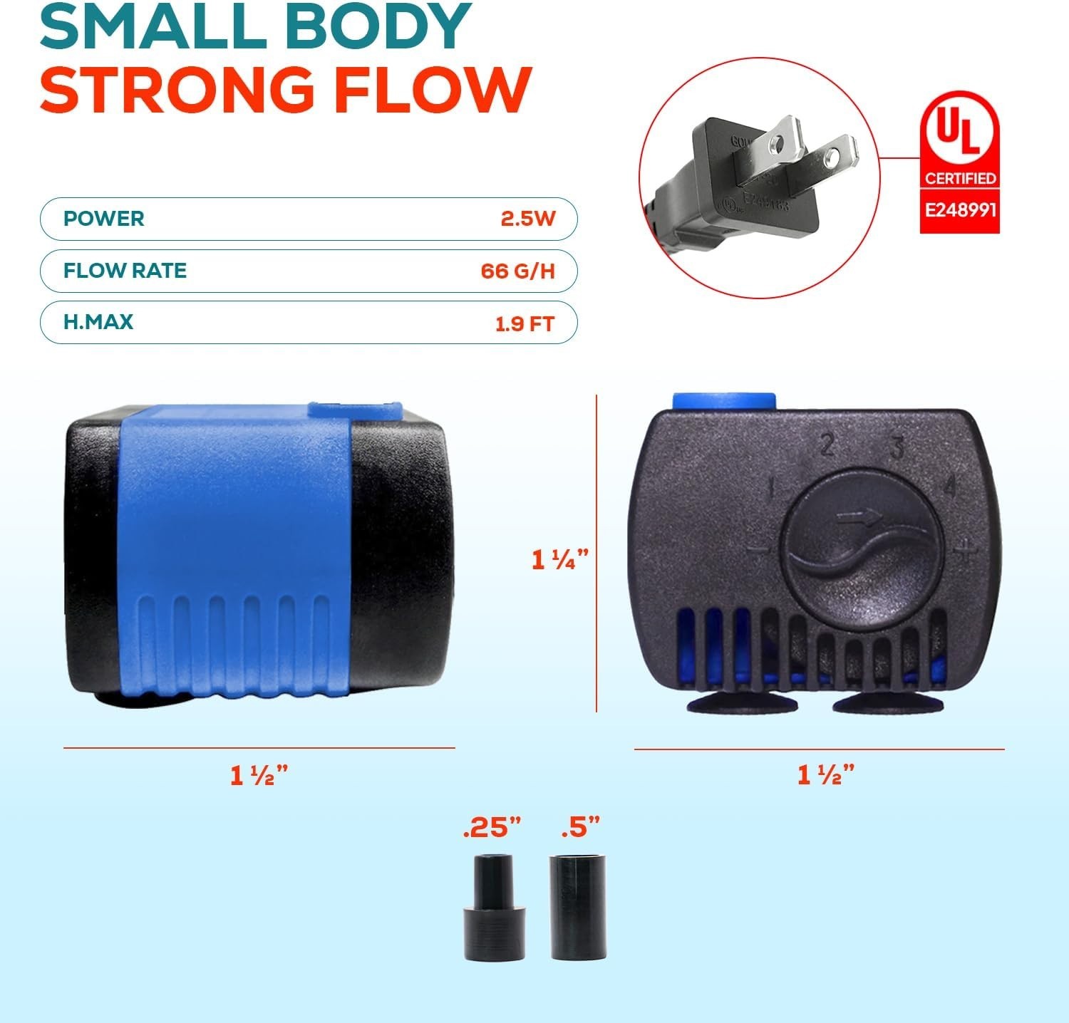 Nano Submersible Pump with Adjustable Flow - 66 GPH for Aquariums & Hydroponics