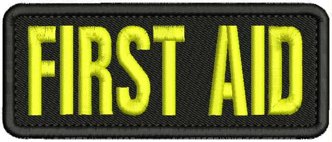 FIRST AID EMBROIDERY PATCH 2X5 HOOK ON BACK YELLOW ON BLACK