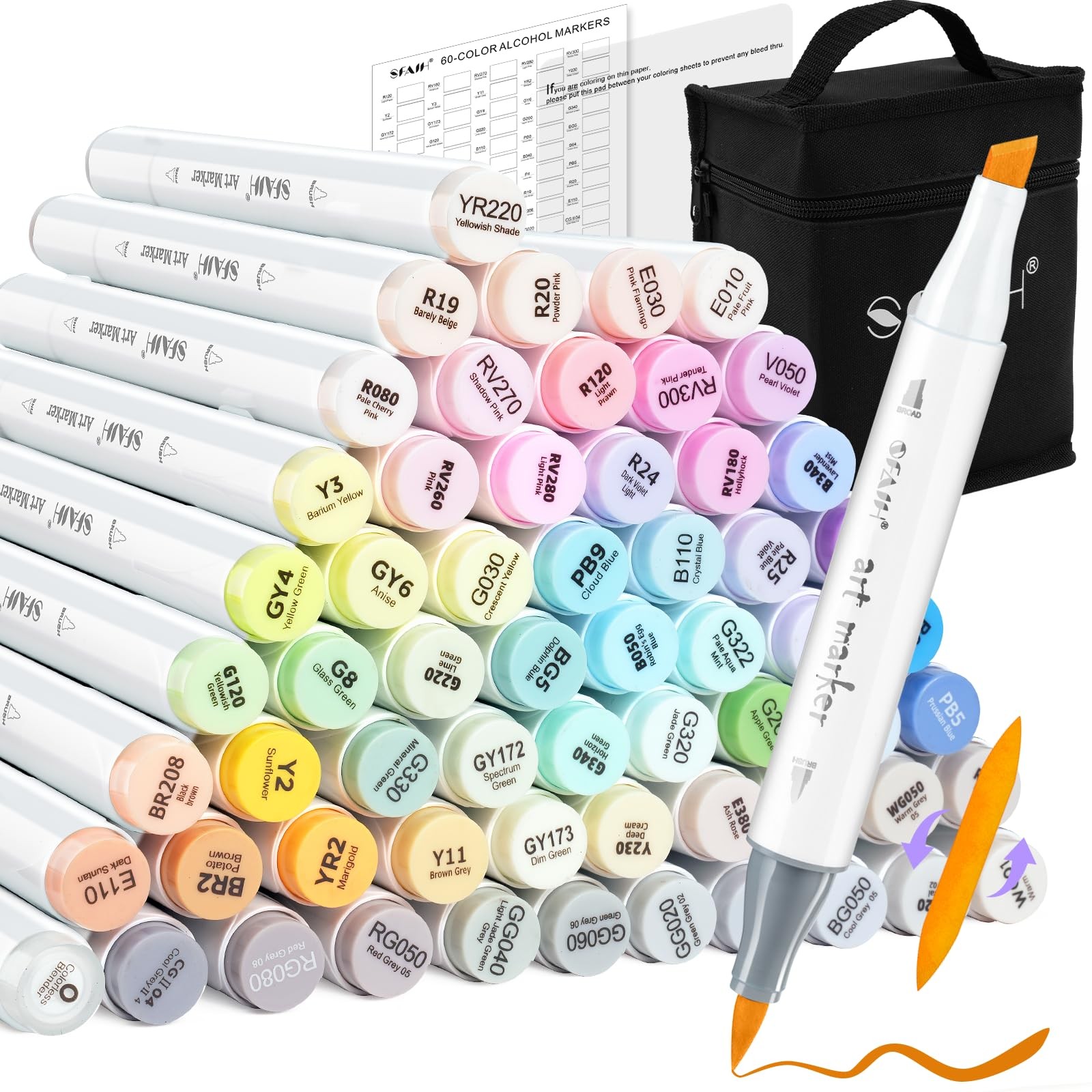 Pastel Alcohol Markers Brush Tip - 61 Colors Double Tipped Art Markers for Ar...