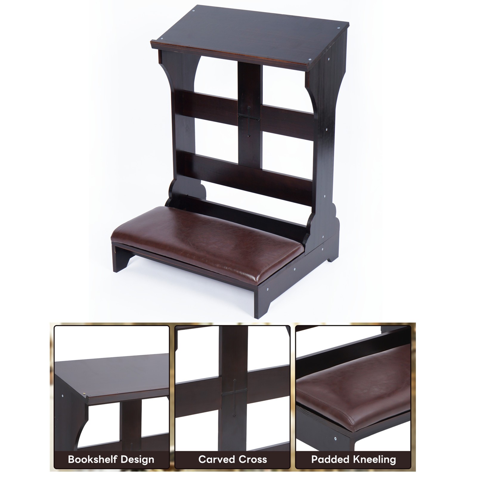 Prayer Bench Stool Solid Wood Prayer Kneeler w/ Shelf & Cushion Church Prayer