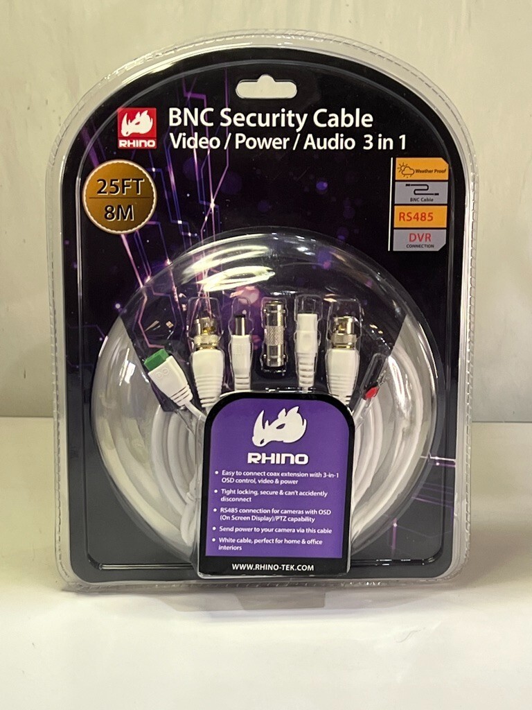 Rhino Tek 25FT BNC Security Cable, 3 in 1: Video / Power / Audio - RHC-031-025