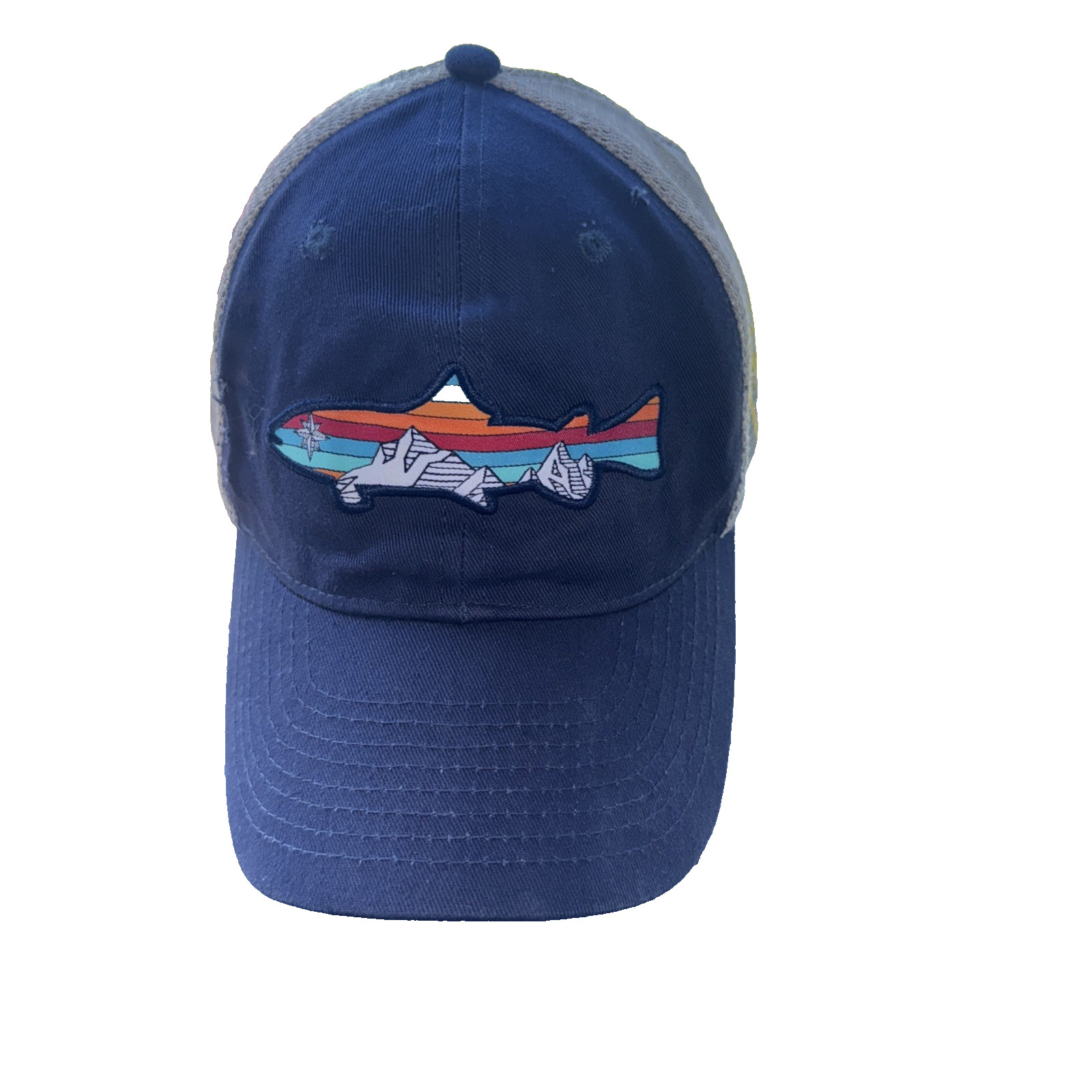 Fish MultiColor on Navy Hat Cap SnapBack, some distressed damage on Front.
