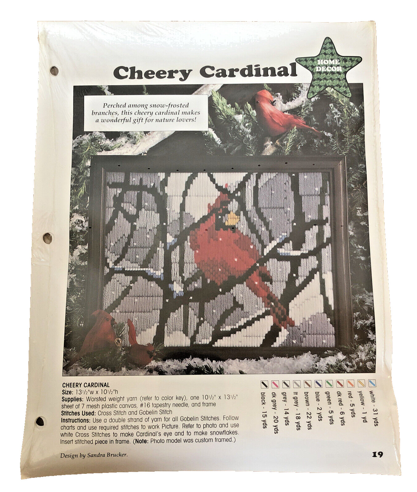 Vtg Cheery Cardinal Long Stitch Pattern Picture Plastic Canvas Instructions