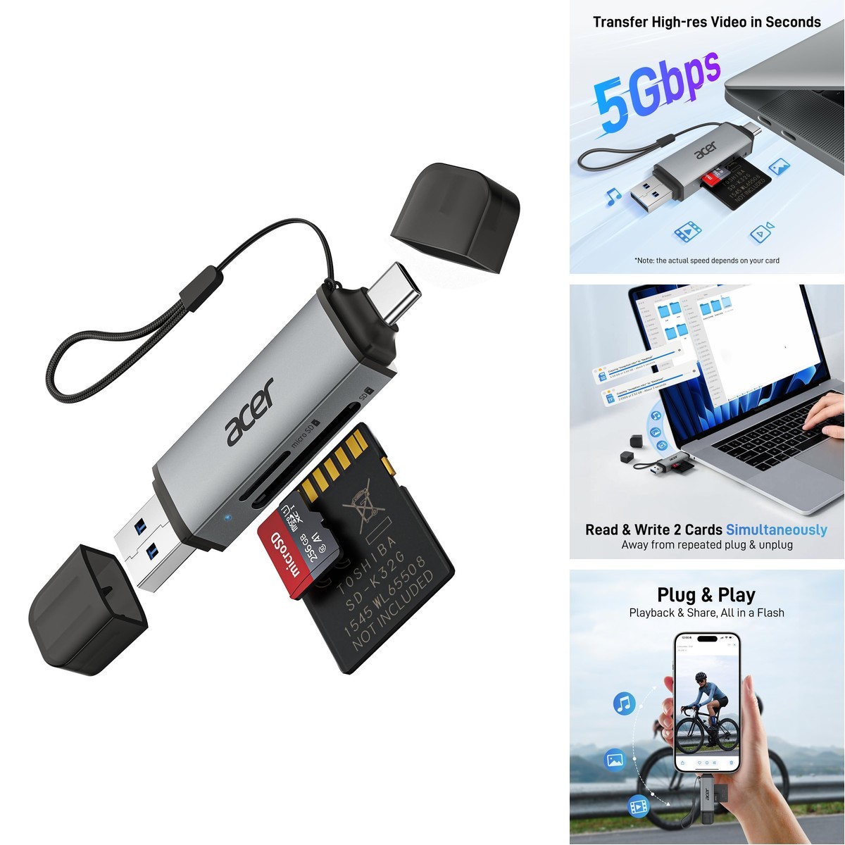 acer ODK4E0 SD Card Reader USB C Dual Slots USB 3.0 to Micro SD Adapter