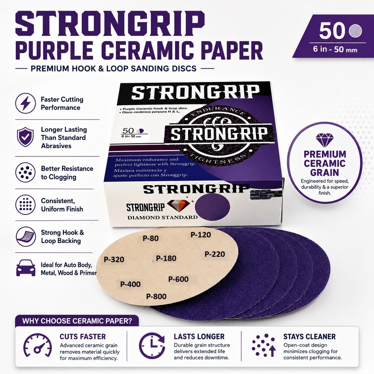 STRONGRIP 6" Purple Ceramic Paper Sanding Discs Hook & Loop 50 Pack Select Grit