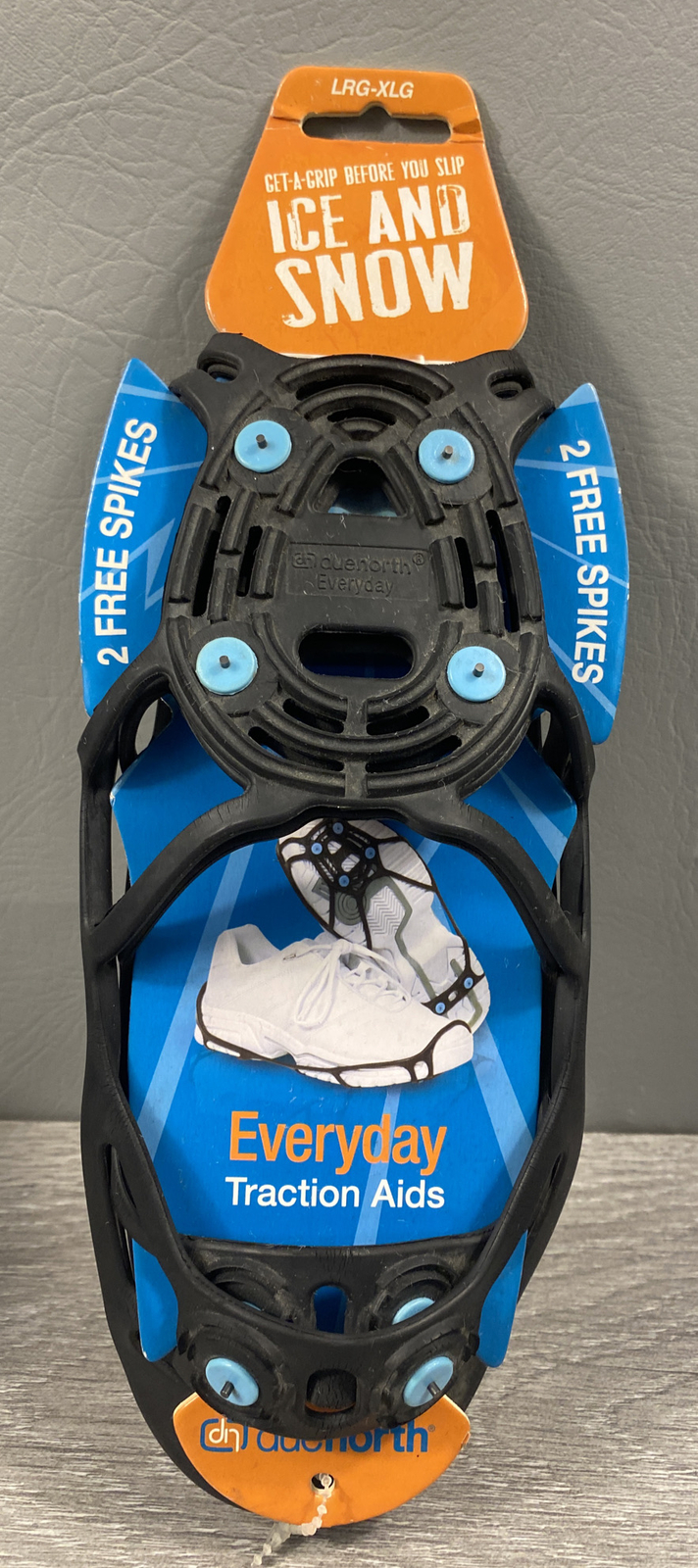 DUENORTH EVERYDAY TRACTION AIDS, ICE & SNOW, BLACK, LRG-XLG, 2 EXTRA SPIKES, NIB