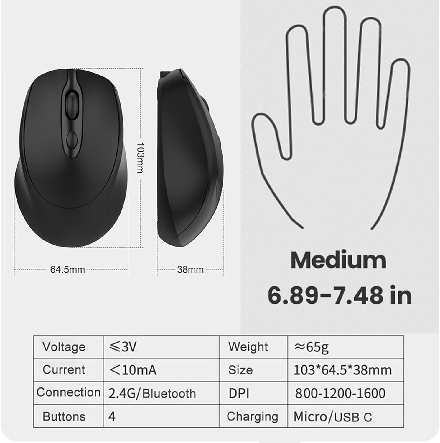 Bluetooth Wireless Mouse USB C for Mac Book Air Pro/iPad/Laptop Black