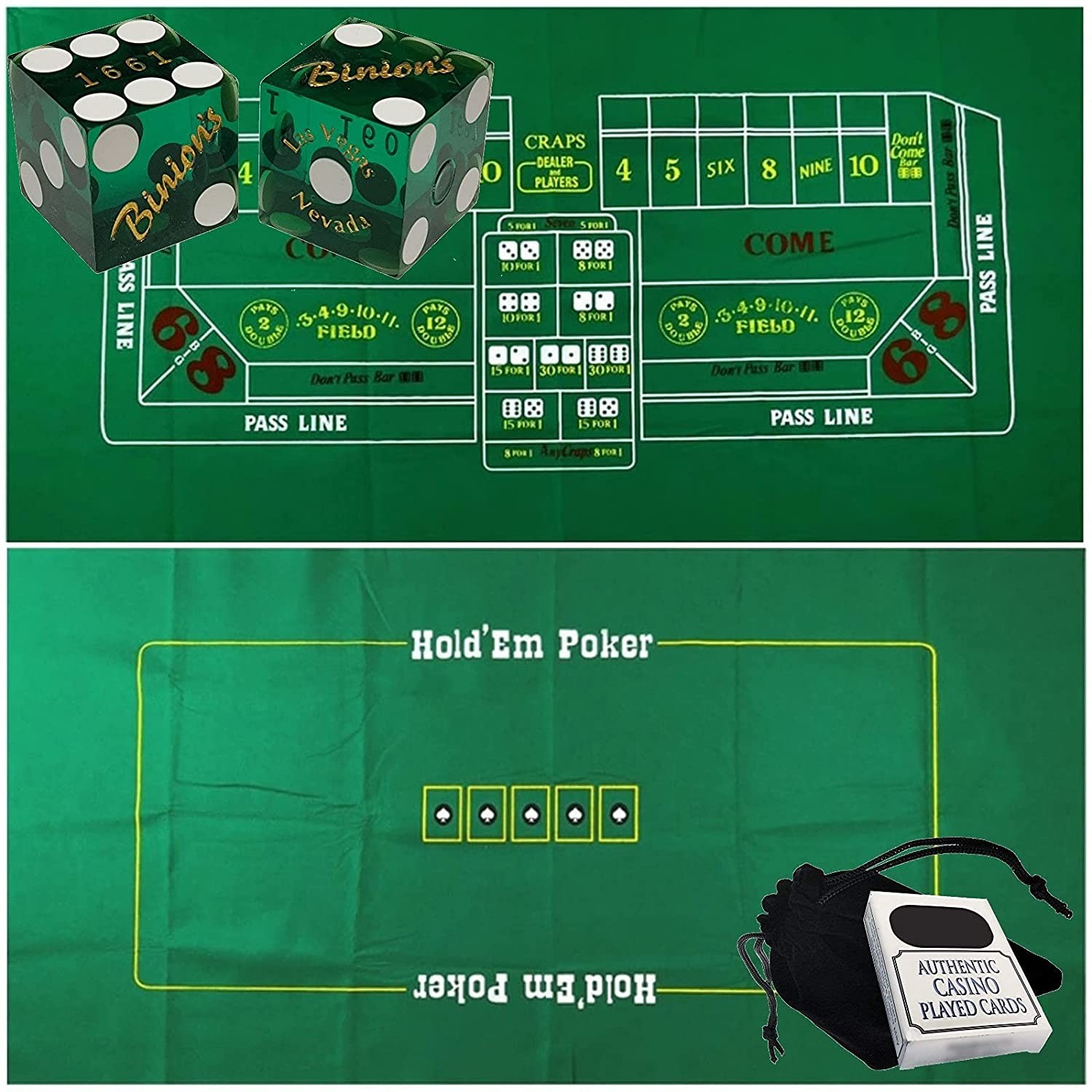 Binion's Casino Dice Green Polished + Vegas Cards + Craps Poker 2-Sided Layout