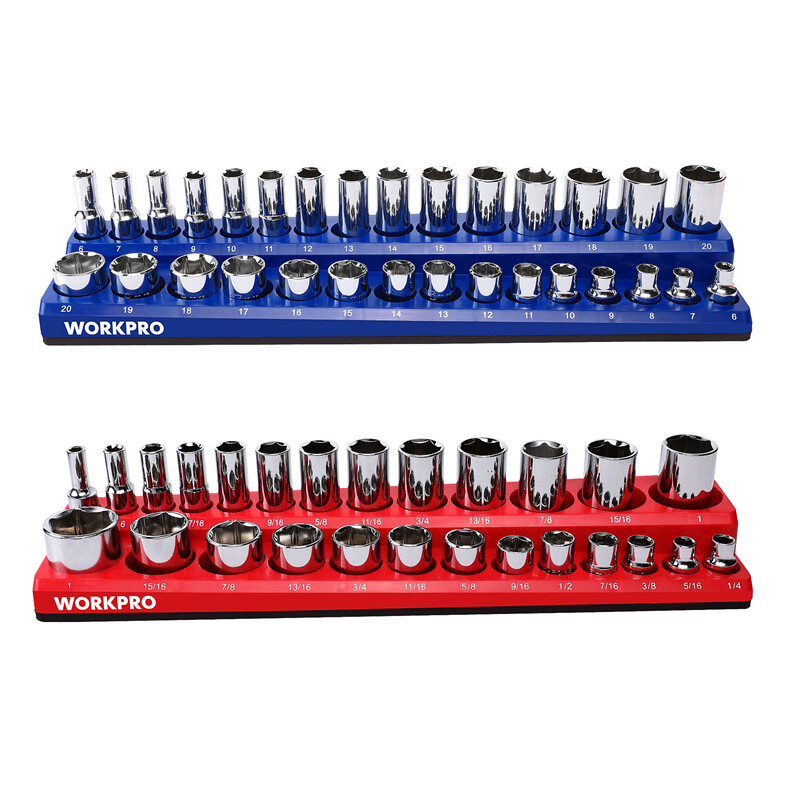 WORKPRO 2PC 3/8" Magnetic Socket Organizer Set SAE & Metric Socket Holders Carts