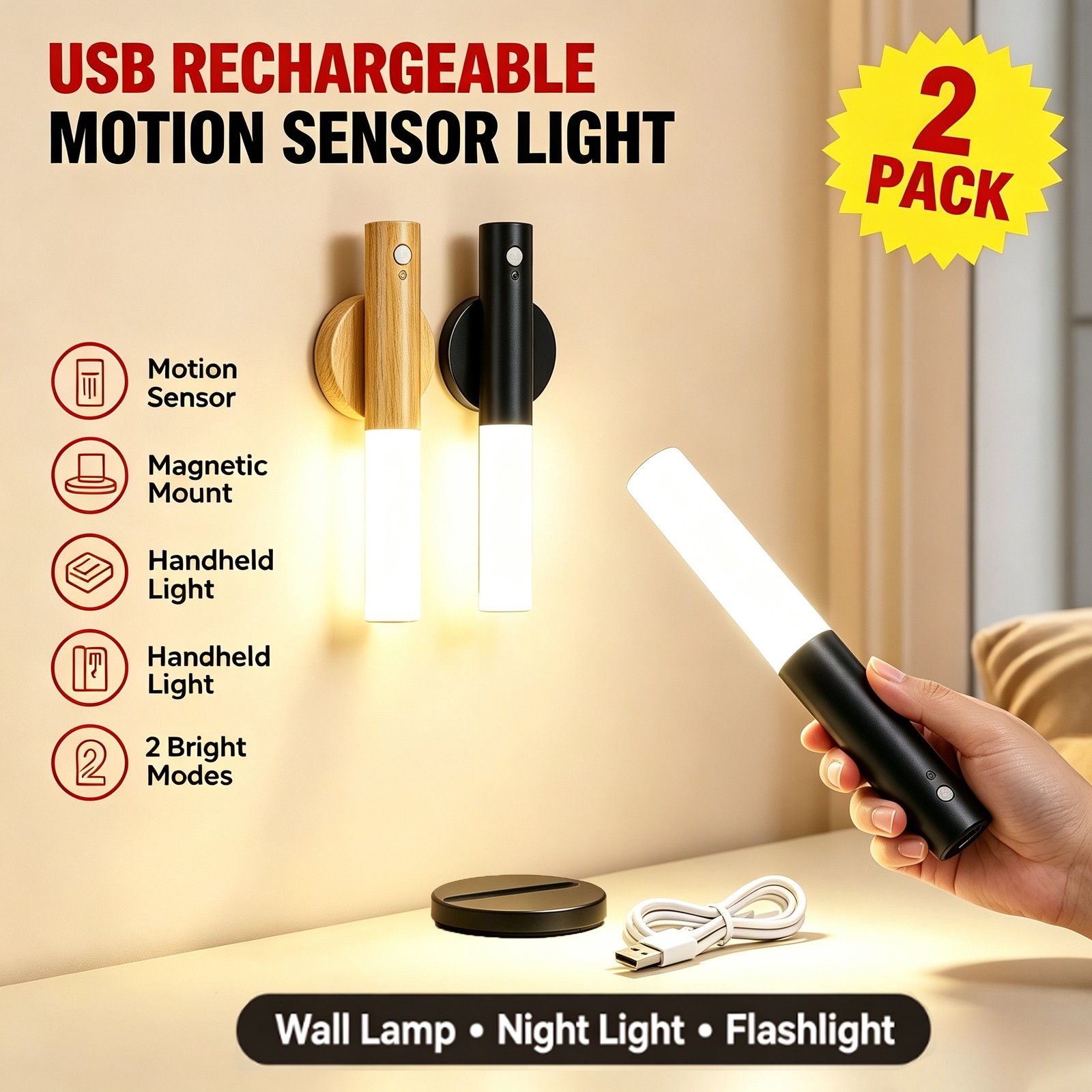 2Pack USB Rechargeable Motion Sensor Night Light Magnetic Wall Lamp Flashlight
