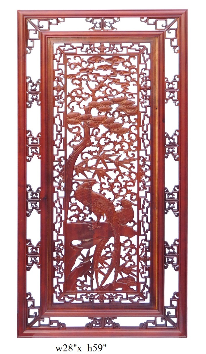 Chinese Oriental Rectangular Vertical Birds Wood Wall Panel cs1362-2