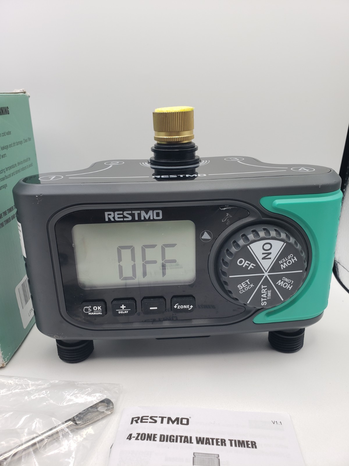 RESTMO 4-Zone Digital Water Timer w/ Brass Inlet 4-Outlet Programmable (0-HT-3D)