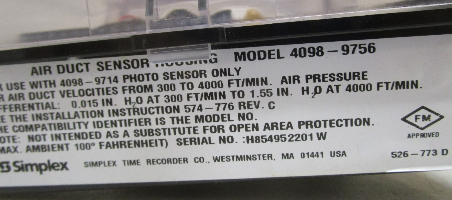 NEW SIMPLEX 4098-9756 TRUE ALARM DUCT SENSOR HOUSING