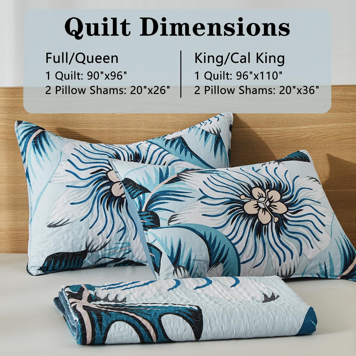 Yogeneg Queen Quilt Bedding Set,White Green Botanical Pattern Light Blue Full/Qu